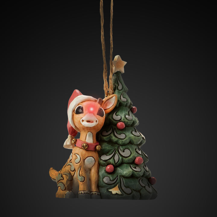 Jim Shore Rudolph Traditions: White Woodland Rudolph with Tree Hanging Ornament sparkle-castle