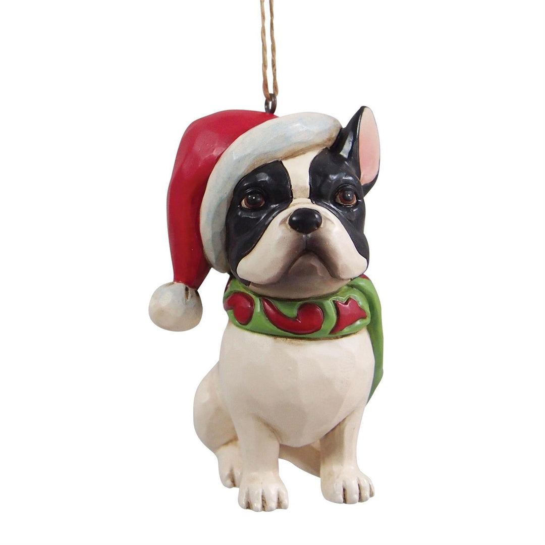 Jim Shore Heartwood Creek: Christmas Dog Frenchie Hanging Ornament sparkle-castle