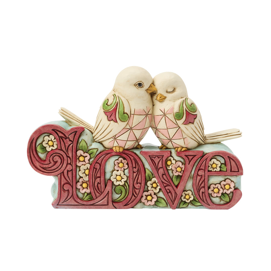 Jim Shore Heartwood Creek: Birds Perched On A LOVE Word Sign Figurine sparkle-castle