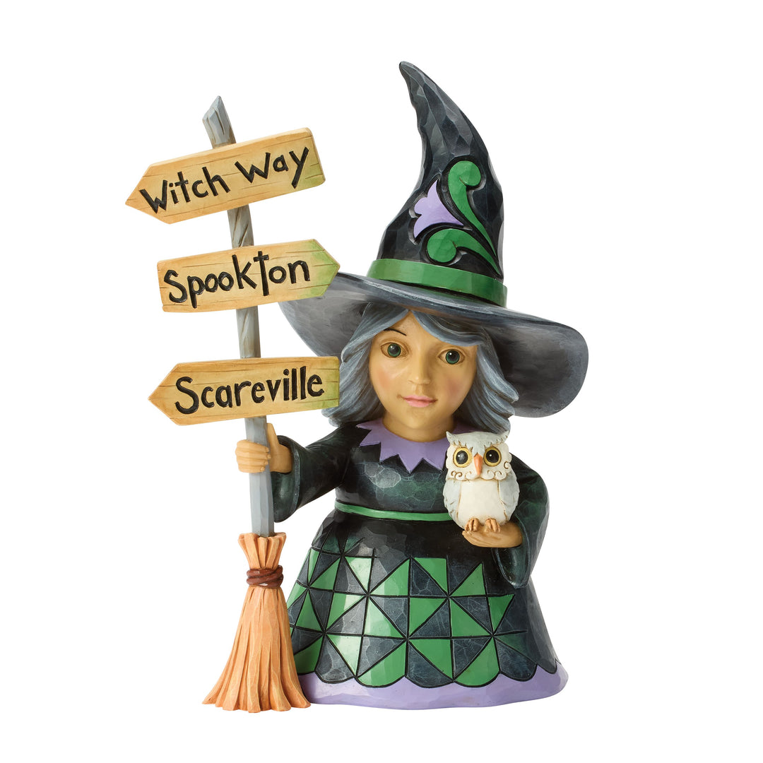 Jim Shore Heartwood Creek: Good Witch Holding Broom Sign Figurine sparkle-castle