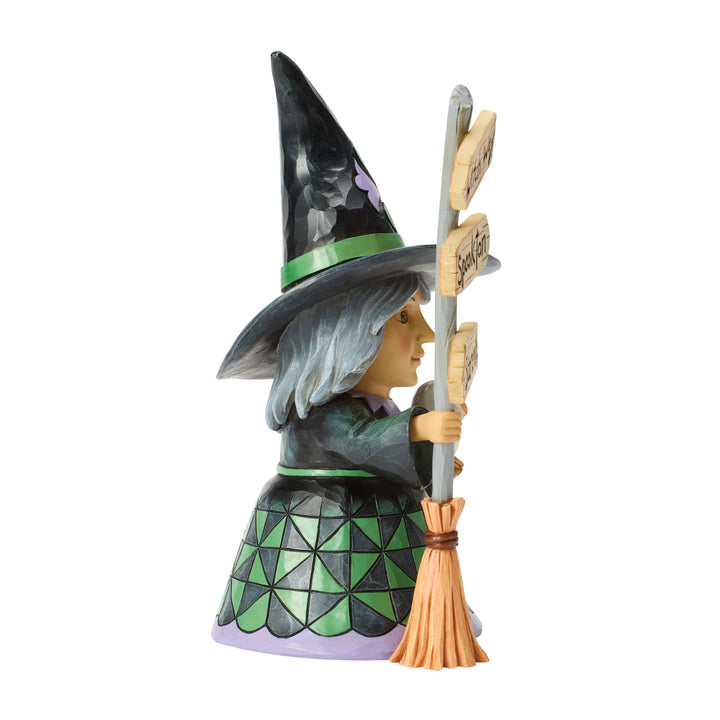 Jim Shore Heartwood Creek: Good Witch Holding Broom Sign Figurine sparkle-castle