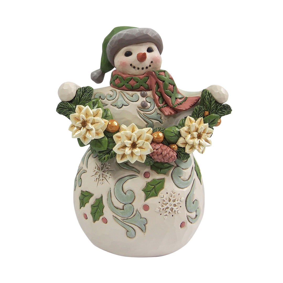 Jim Shore Heartwood Creek: Opal & Moss Snowman With White Poinsettia Garland Figurine sparkle-castle