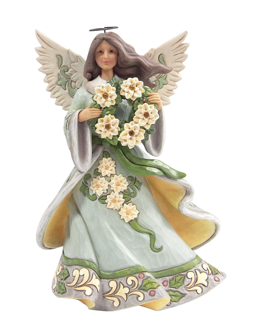 Jim Shore Heartwood Creek: Opal & Moss Angel With White Poinsettia Wreath Figurine sparkle-castle