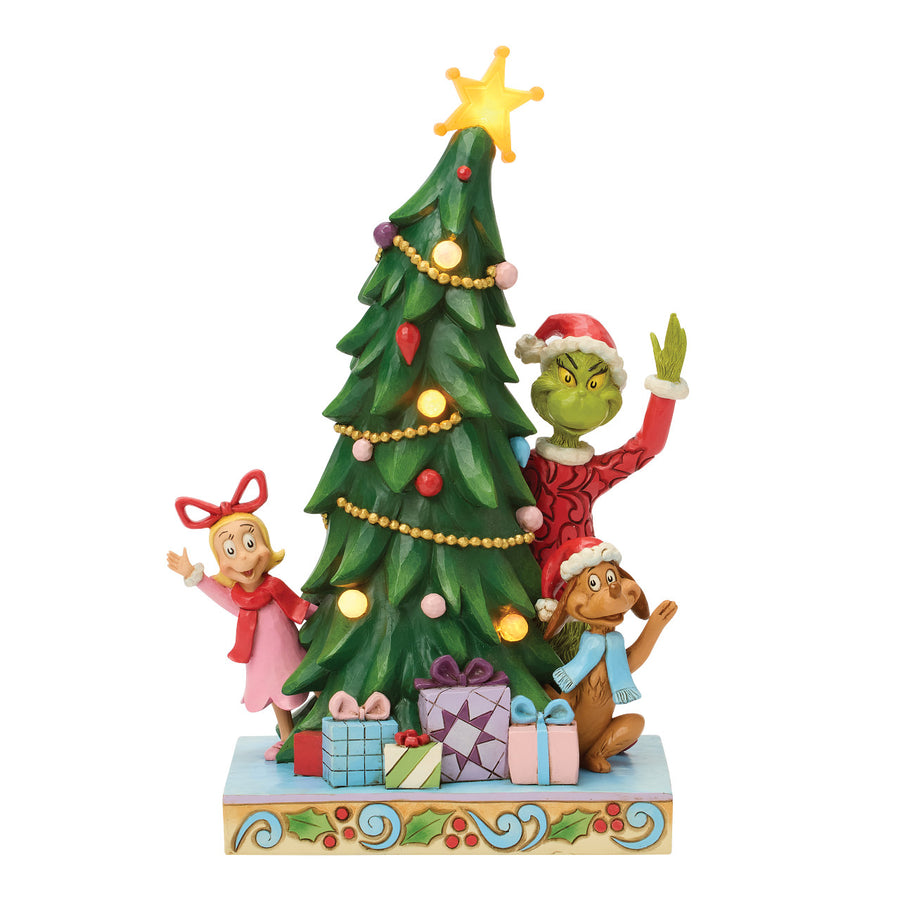 Jim Shore The Grinch: Grinch, Max, and Cindy Peaking From Behind Lit Tree Figurine sparkle-castle