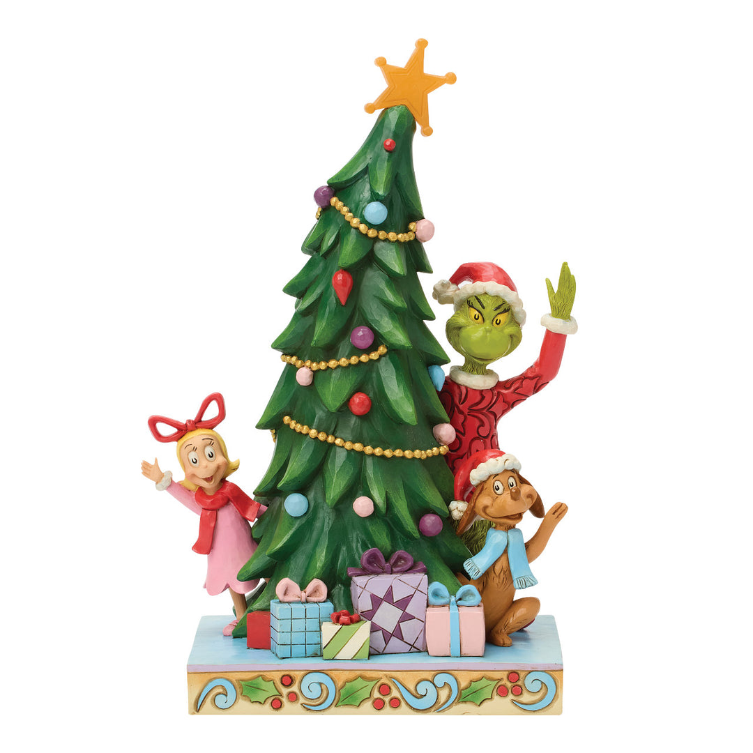 Jim Shore The Grinch: Grinch, Max, and Cindy Peaking From Behind Lit Tree Figurine sparkle-castle