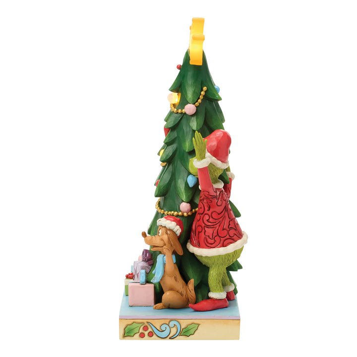 Jim Shore The Grinch: Grinch, Max, and Cindy Peaking From Behind Lit Tree Figurine sparkle-castle