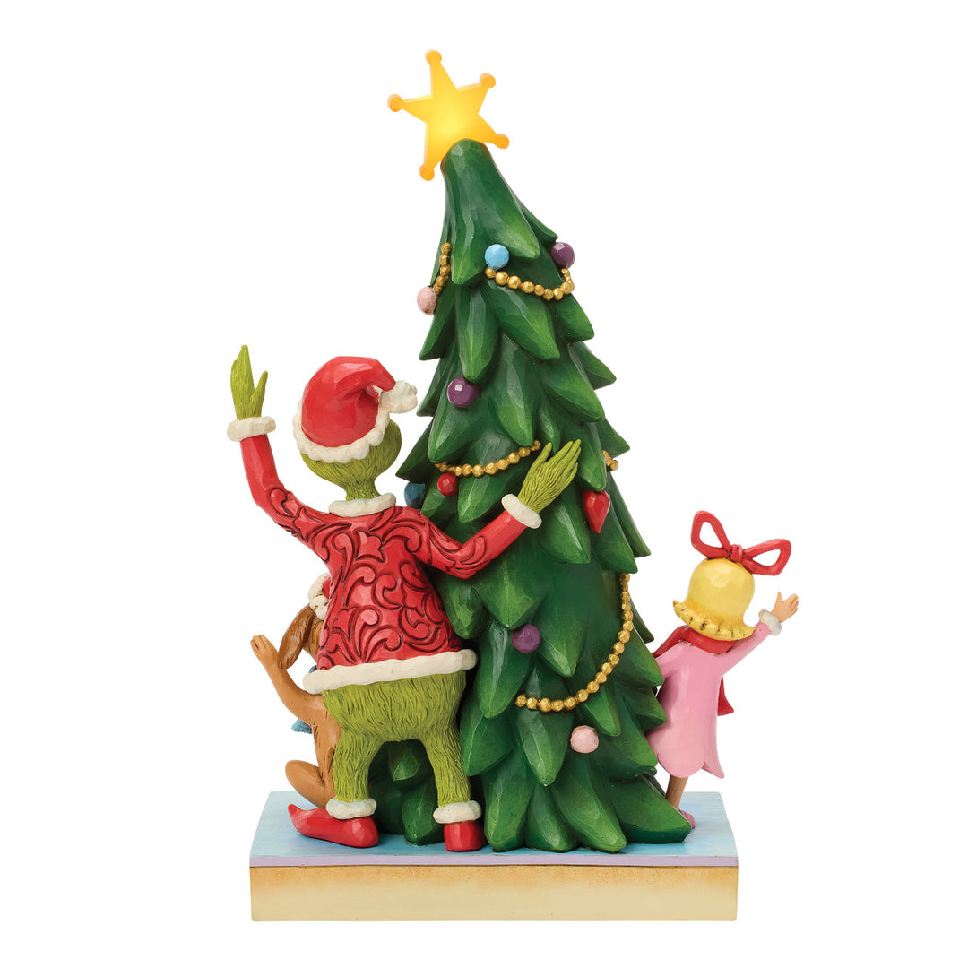 Jim Shore The Grinch: Grinch, Max, and Cindy Peaking From Behind Lit Tree Figurine sparkle-castle