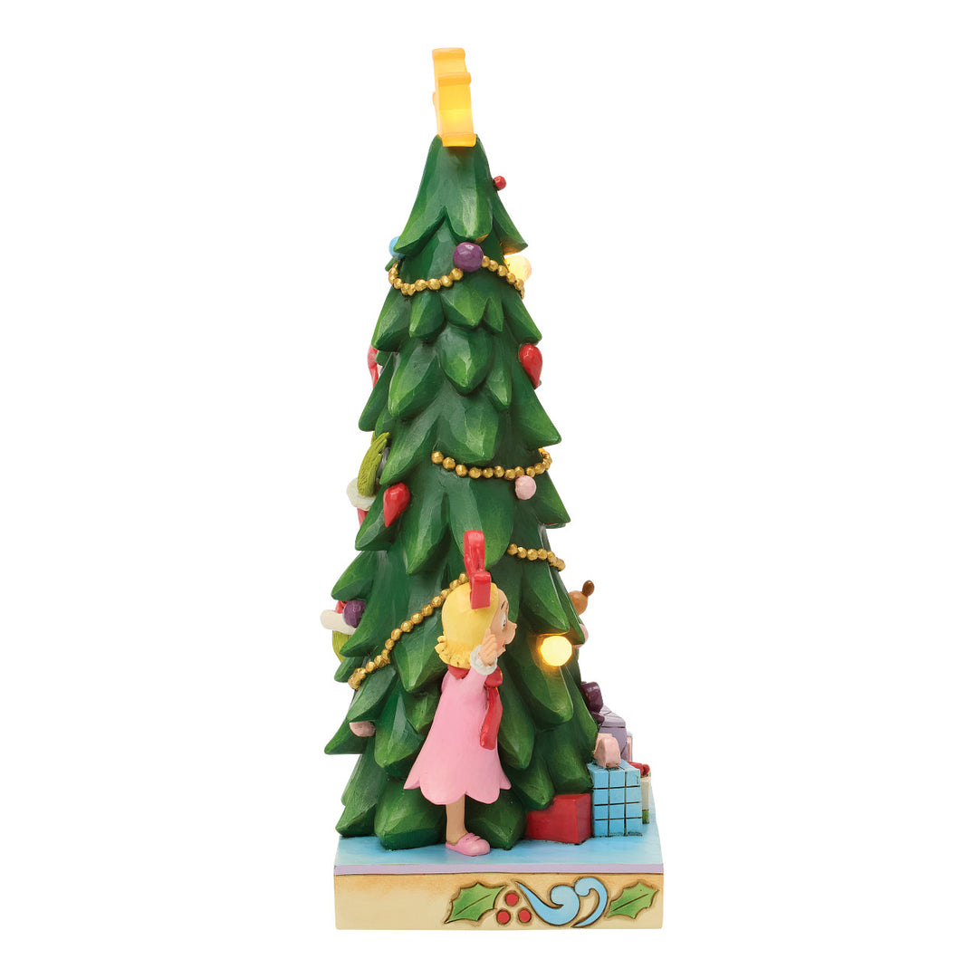 Jim Shore The Grinch: Grinch, Max, and Cindy Peaking From Behind Lit Tree Figurine sparkle-castle