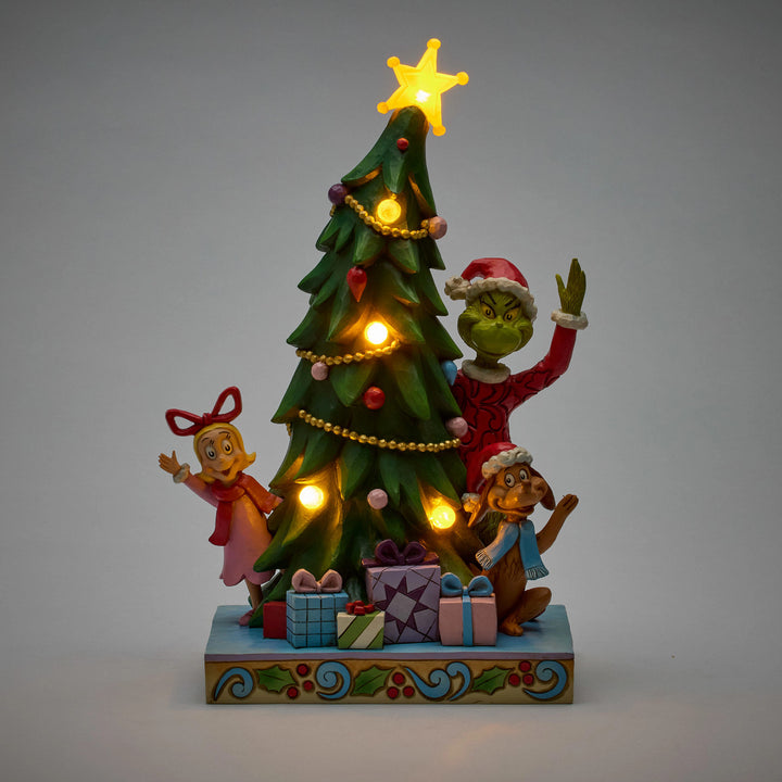 Jim Shore The Grinch: Grinch, Max, and Cindy Peaking From Behind Lit Tree Figurine sparkle-castle