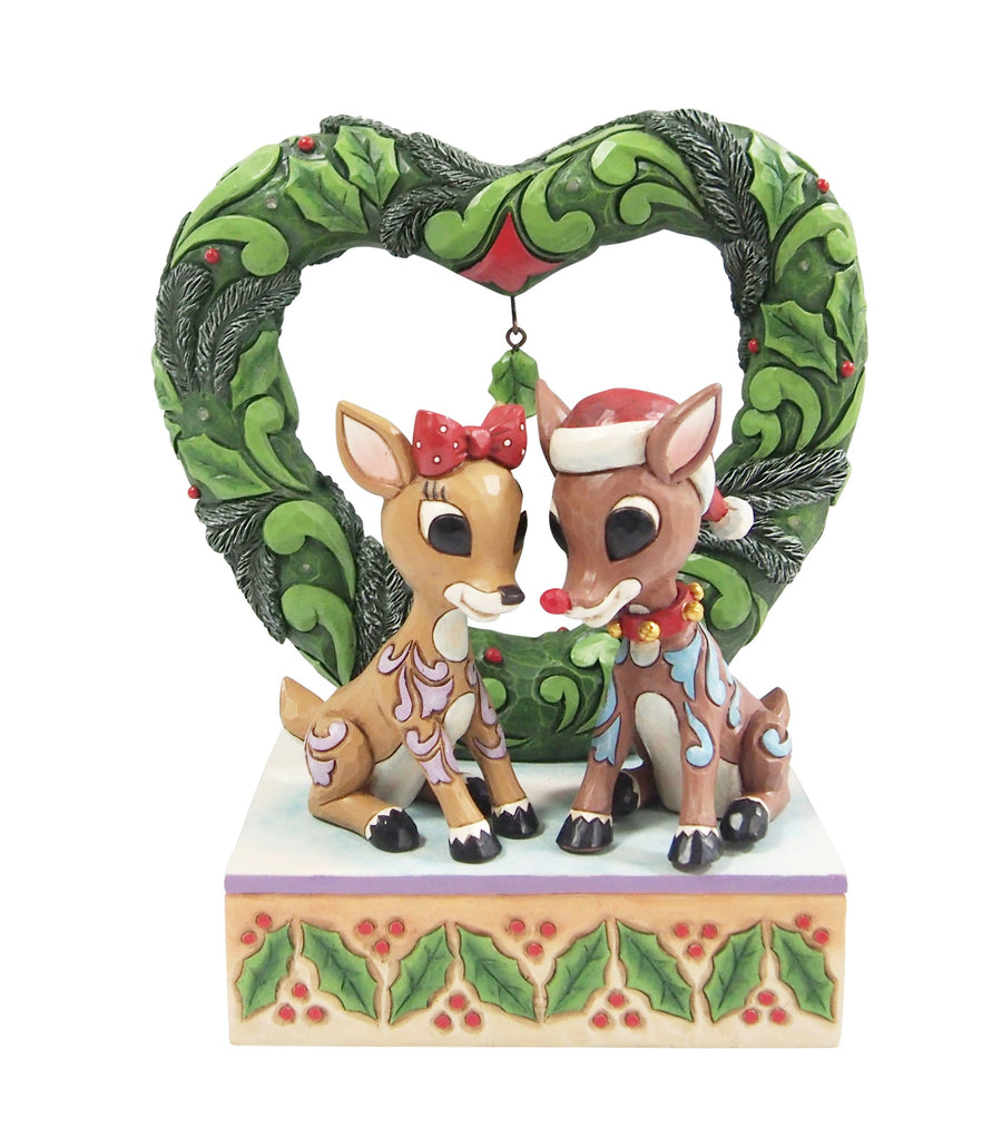 Jim Shore Rudolph Traditions: Rudolph & Clarice In Heart Wreath Figurine sparkle-castle