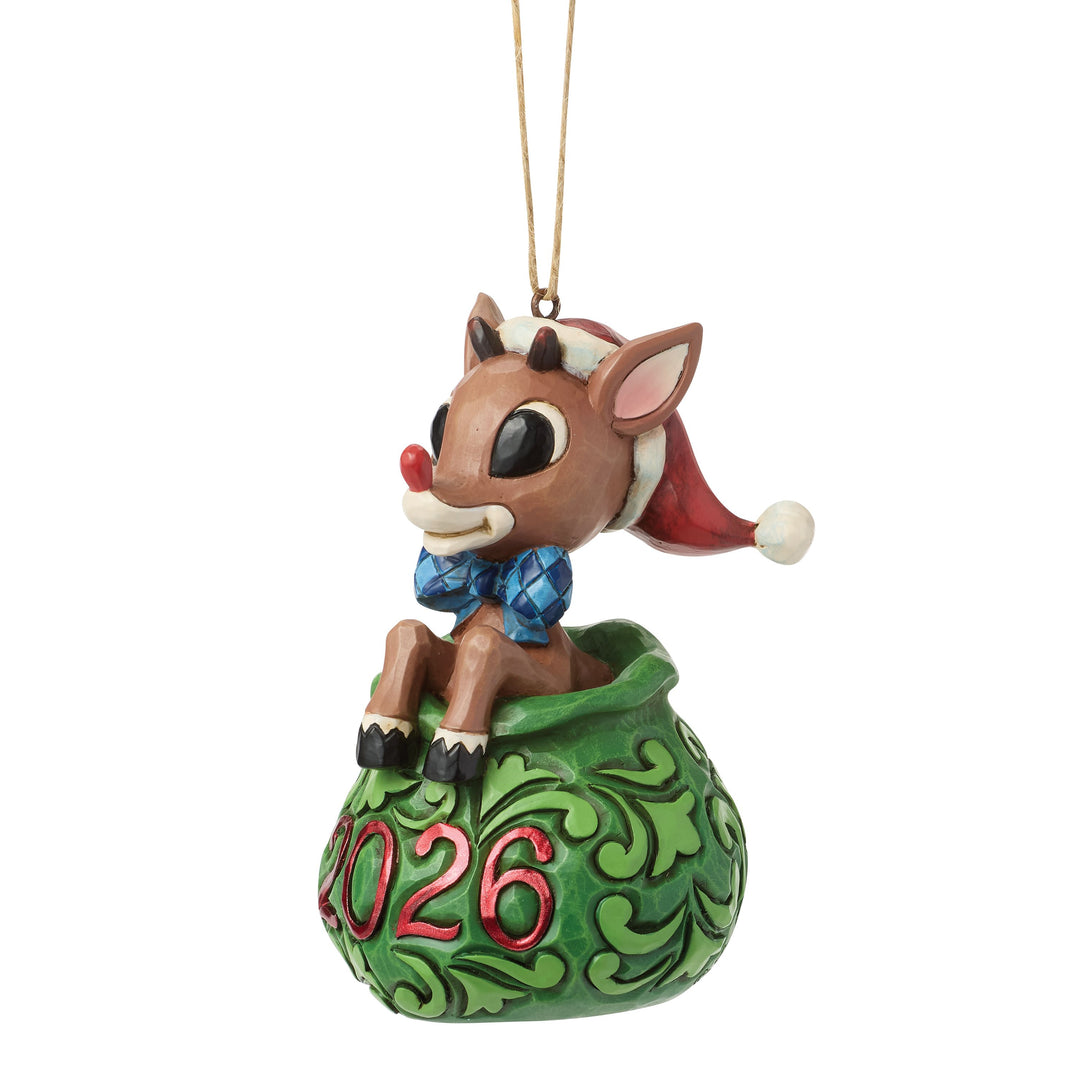 Jim Shore Rudolph Traditions: Dated 2026 Rudolph in Bag Hanging Ornament sparkle-castle