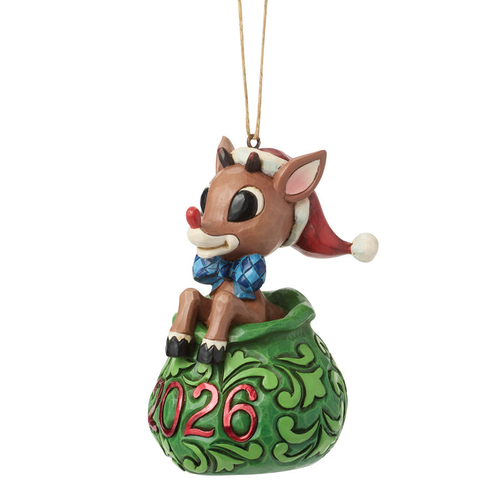 Jim Shore Rudolph Traditions: Dated 2026 Rudolph in Bag Hanging Ornament sparkle-castle