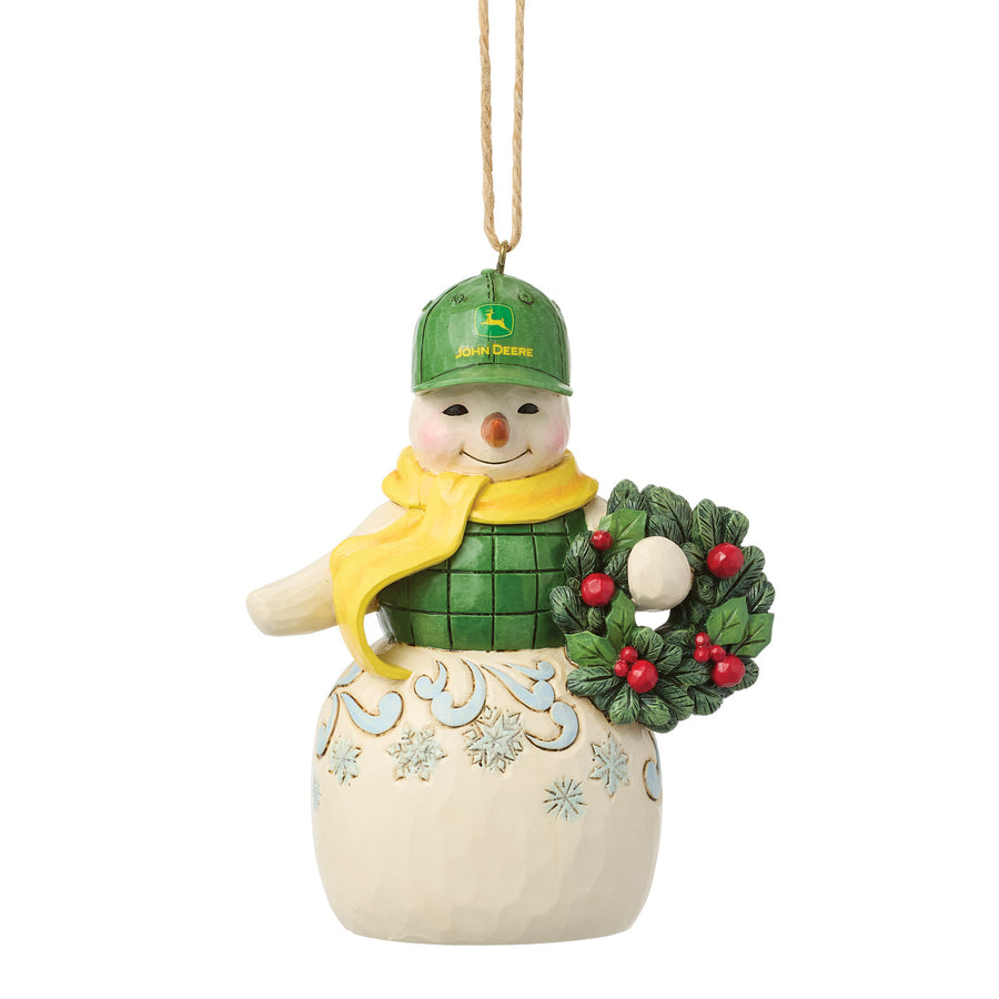 Jim Shore John Deere: Snowman Holding Wreath Hanging Ornament sparkle-castle