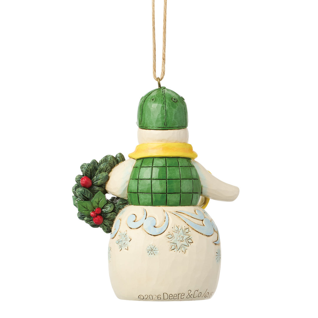 Jim Shore John Deere: Snowman Holding Wreath Hanging Ornament sparkle-castle