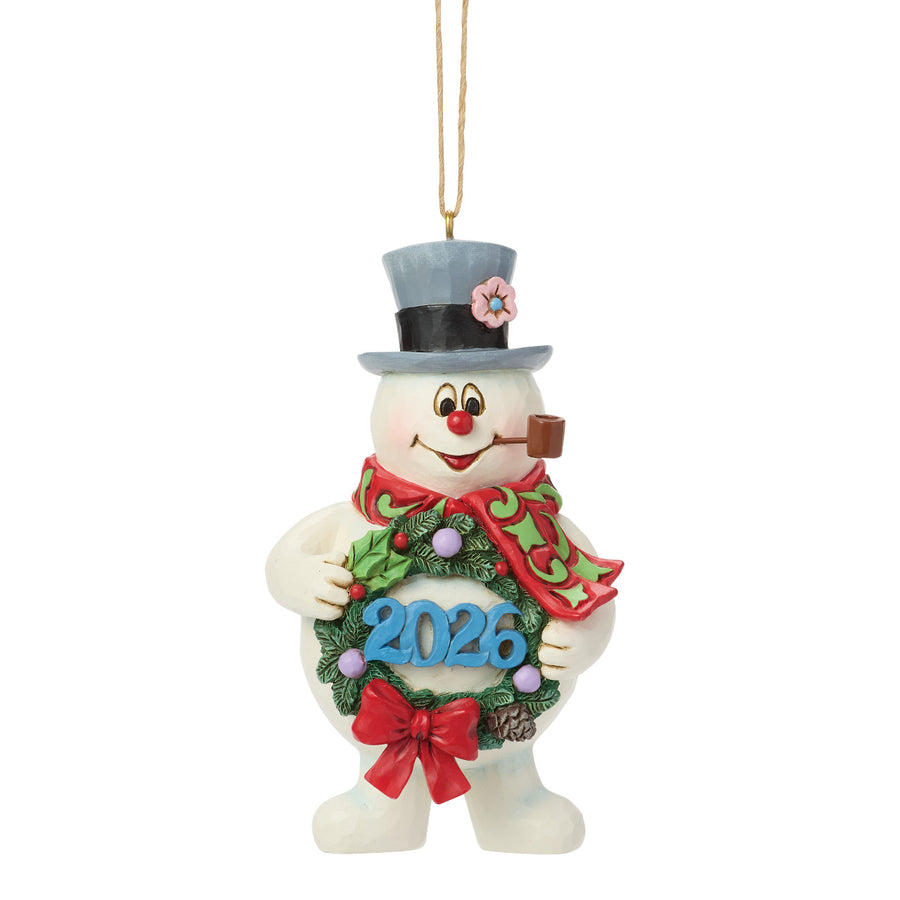 Jim Shore Frosty the Snowman: Dated 2026 Frosty Holding Wreath Hanging Ornament sparkle-castle