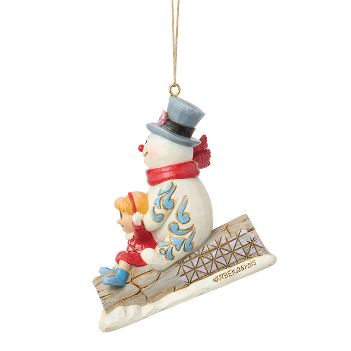 Jim Shore Frosty the Snowman: Frosty & Karen Sledding Hanging Ornament sparkle-castle