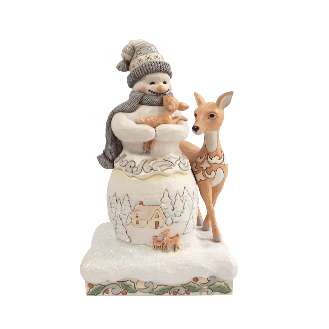 Jim Shore Heartwood Creek: White Woodland Snowman Holding Fawn Figurine sparkle-castle