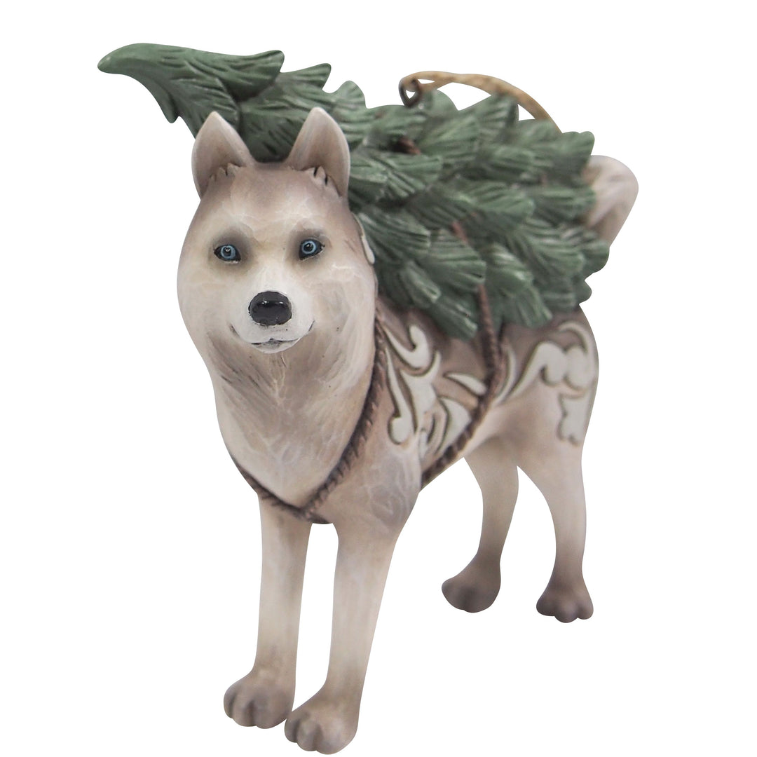 Jim Shore Heartwood Creek: White Woodland Husky With Tree Hanging Ornament sparkle-castle