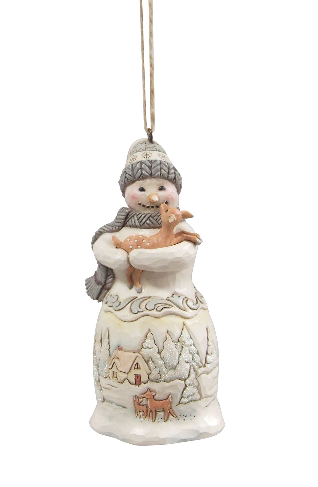 Jim Shore Heartwood Creek: White Woodland Snowman Holding Fawn Hanging Ornament sparkle-castle