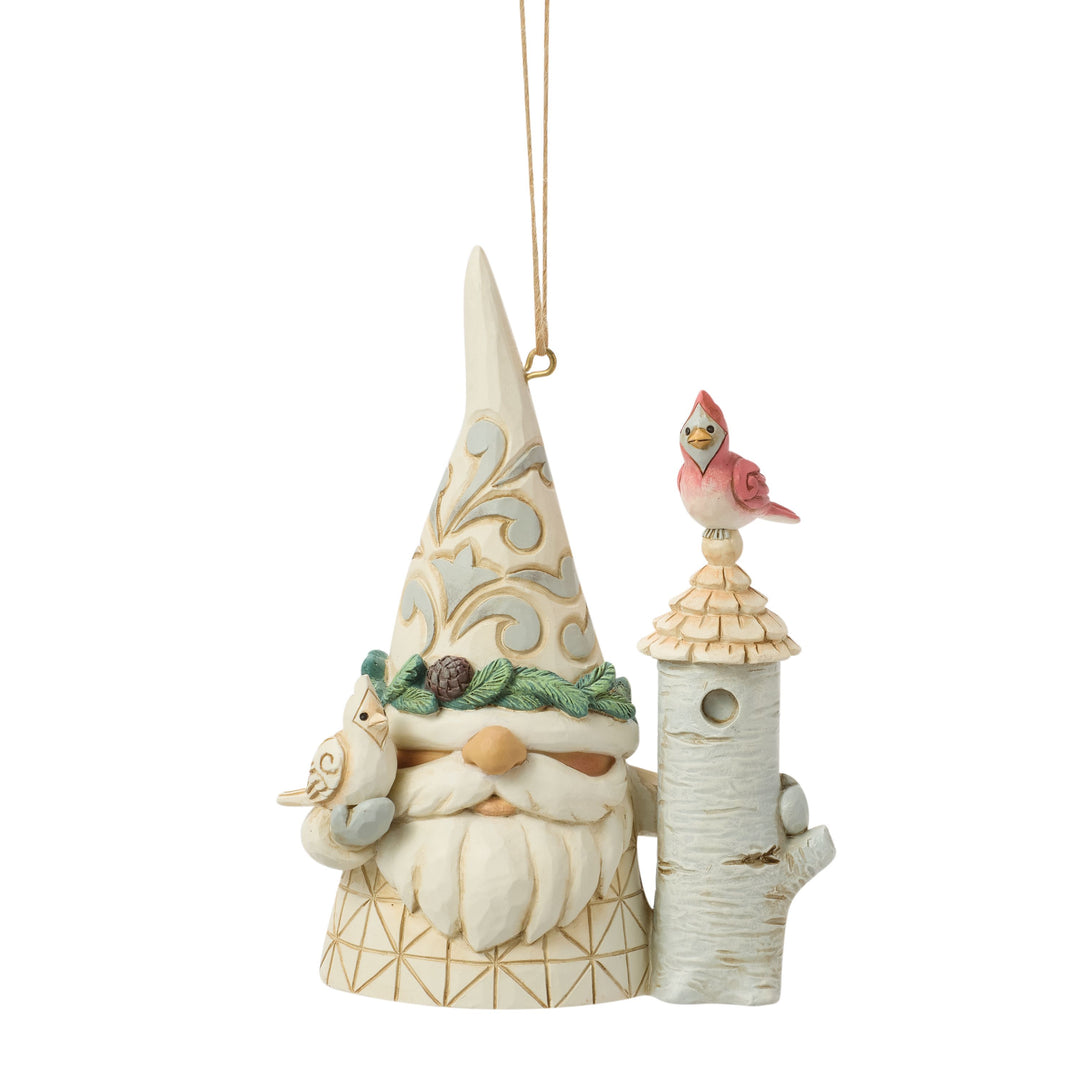 Jim Shore Heartwood Creek: White Woodland Gnome With Birdhouse Hanging Ornament sparkle-castle