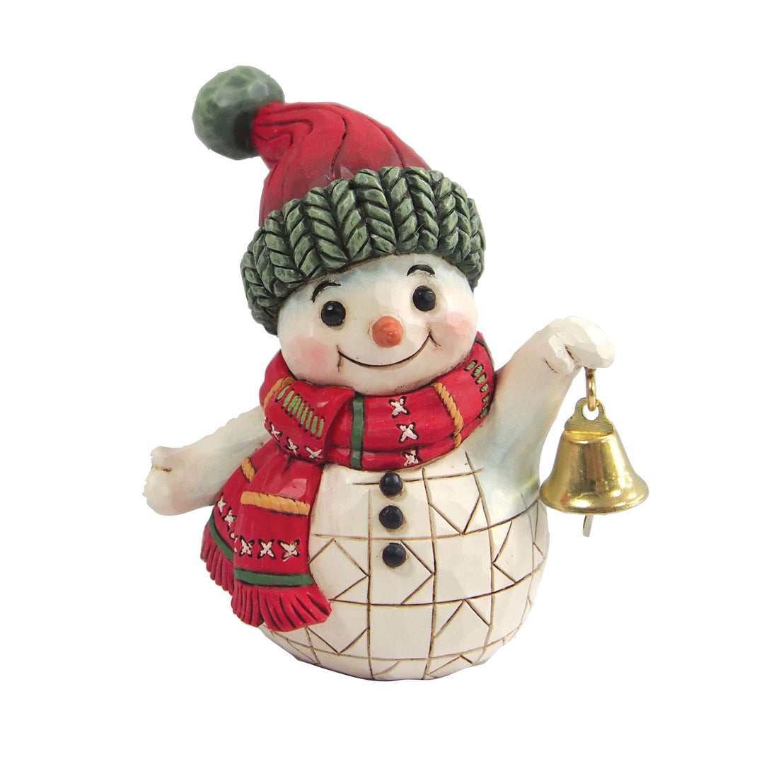 Jim Shore Heartwood Creek: Snowman Holding Bell Miniature Figurine sparkle-castle