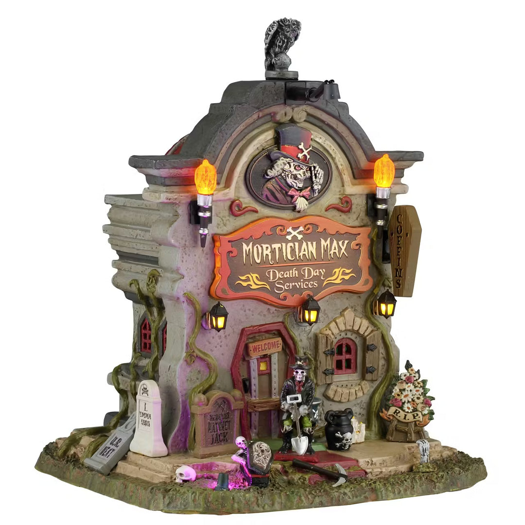 Lemax Spooky Town Halloween Village: Mortician Max - Death Day Services sparkle-castle