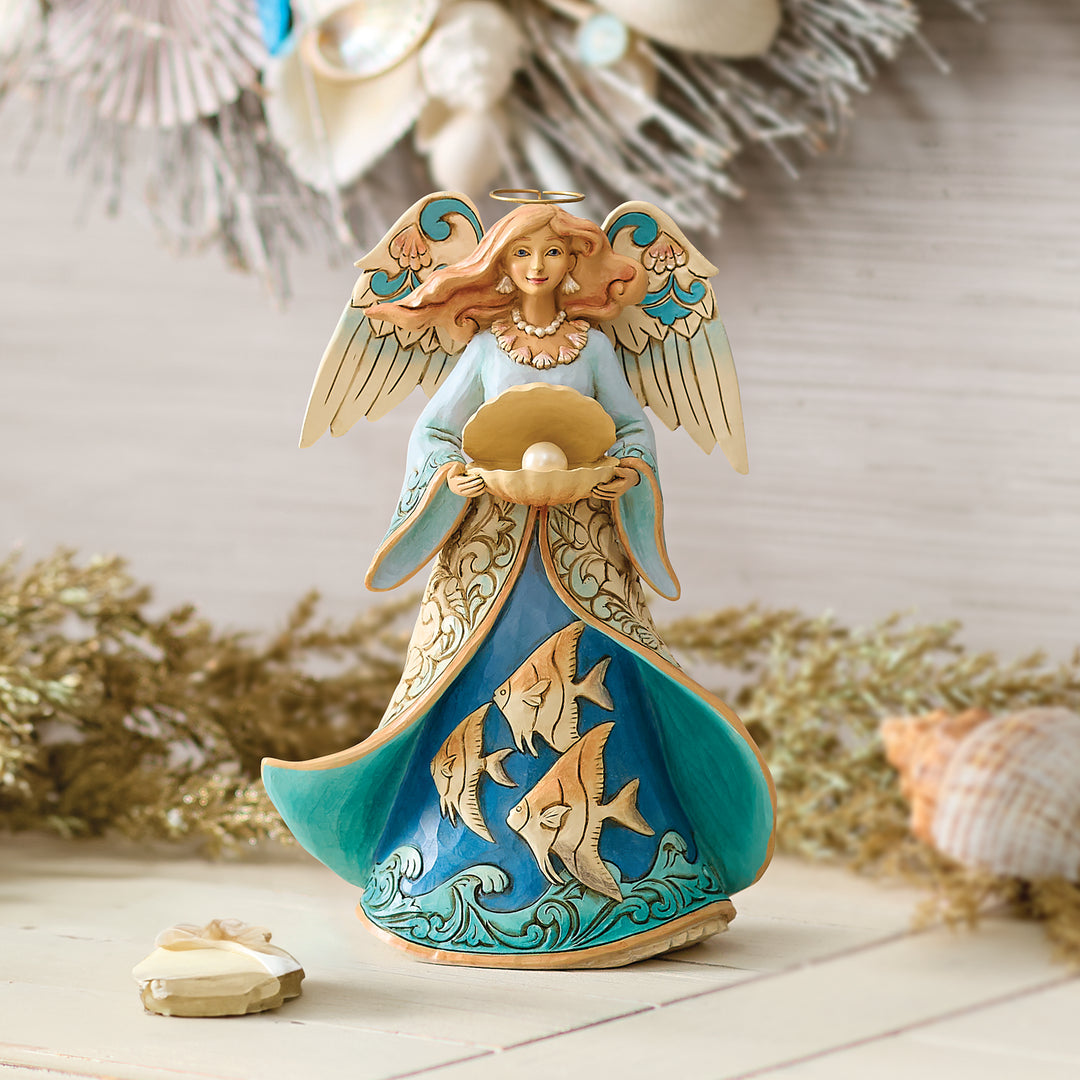Jim Shore Heartwood Creek: Coastal Angel Holding Shell with Pearl Figu ...