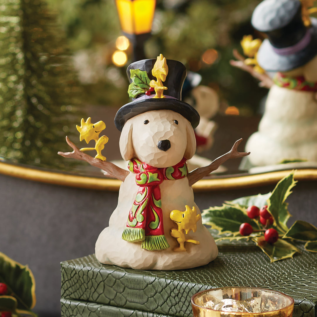 Jim Shore Peanuts: Woodstocks Building A Snoopy Snowman Figurine sparkle-castle