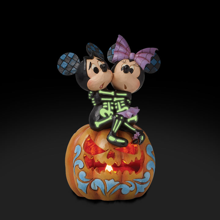 Jim Shore Disney Traditions: Skeletons Mickey & Minnie on Lit Jack-o-Lantern Figurine sparkle-castle