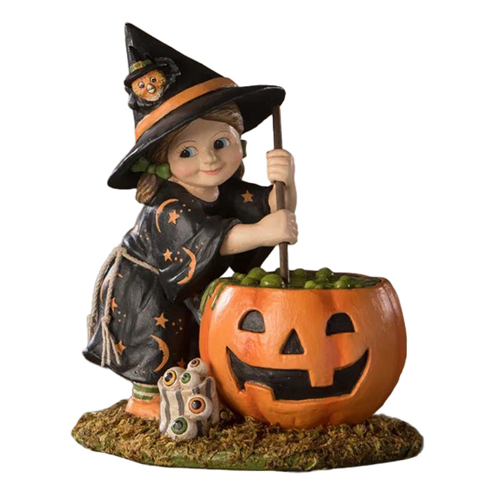 Bethany Lowe: Halloween Pumpkin Brewing Piper Figurine sparkle-castle