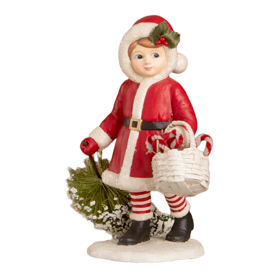 Bethany Lowe: Santa Girl Pulling Tree Figurine sparkle-castle