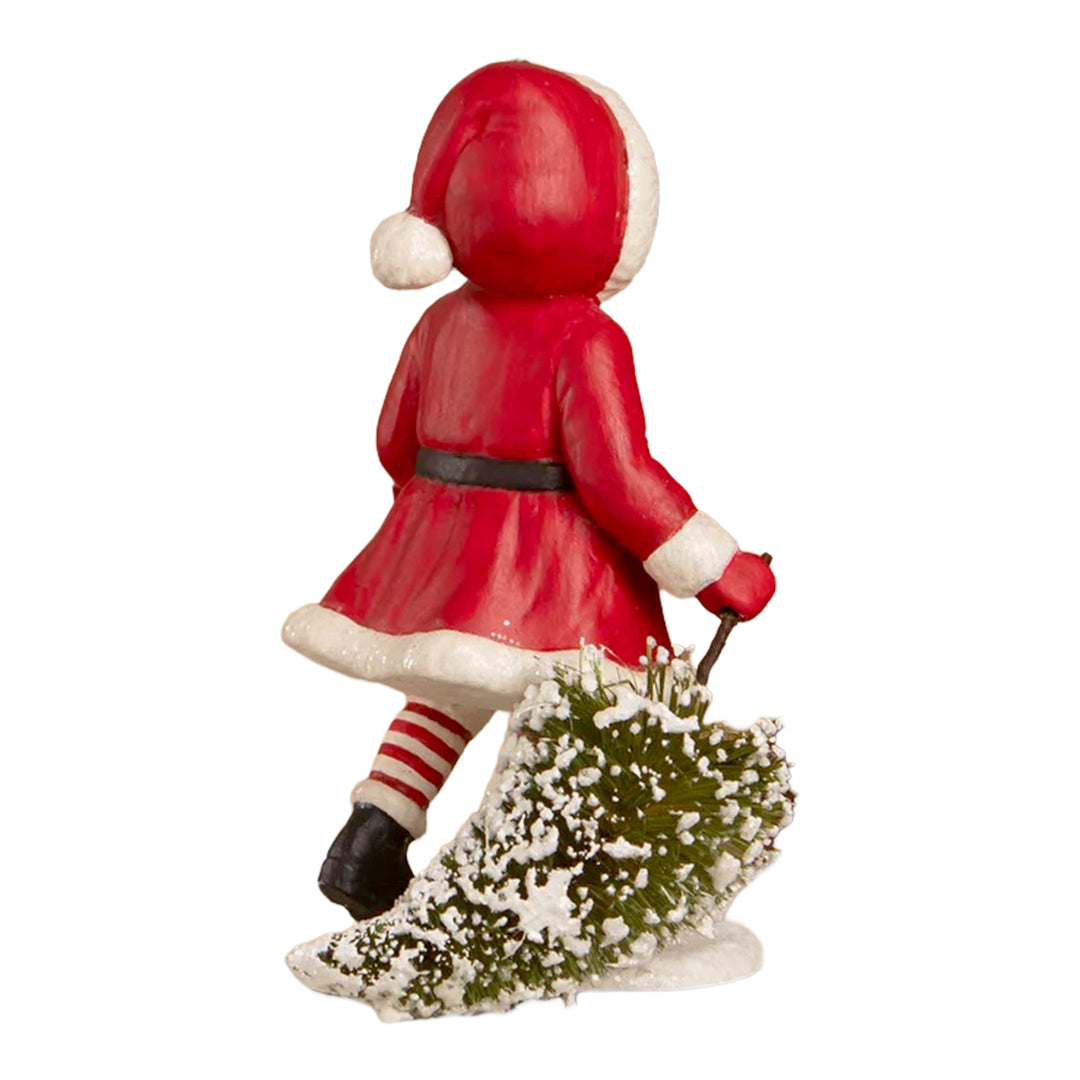 Bethany Lowe: Santa Girl Pulling Tree Figurine sparkle-castle