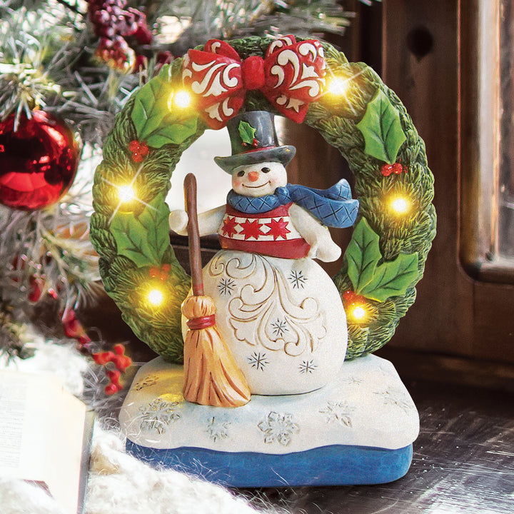 Jim Shore Heartwood Creek: Snowman by Light Up Wreath Figurine