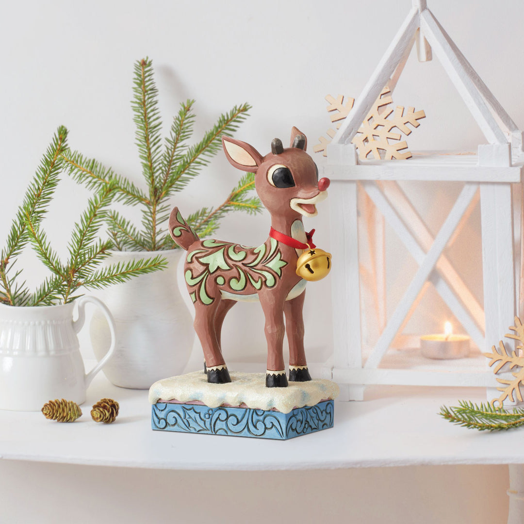 Jim Shore Rudolph Traditions: Rudolph with Large Bell Figurine sparkle-castle