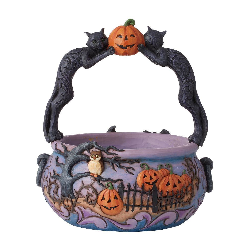 Jim Shore Heartwood Creek: Black Cat Halloween Basket with Minis Figurine, Set of 4 sparkle-castle