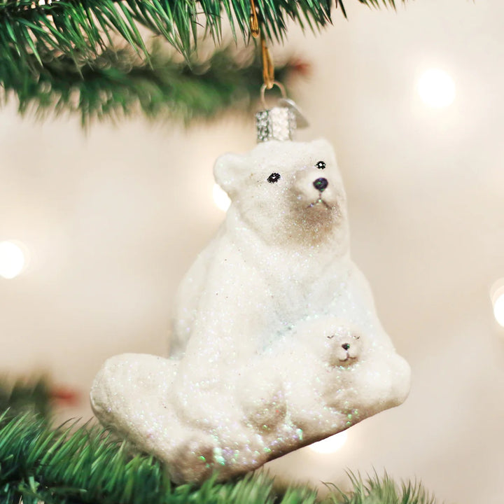 Old World Christmas: Polar Bear With Cub Hanging Ornament sparkle-castle