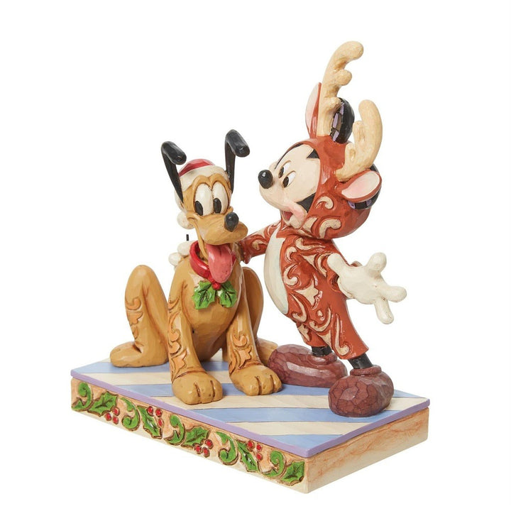 Jim Shore Disney Traditions: Mickey Reindeer with Pluto Santa Figurine sparkle-castle