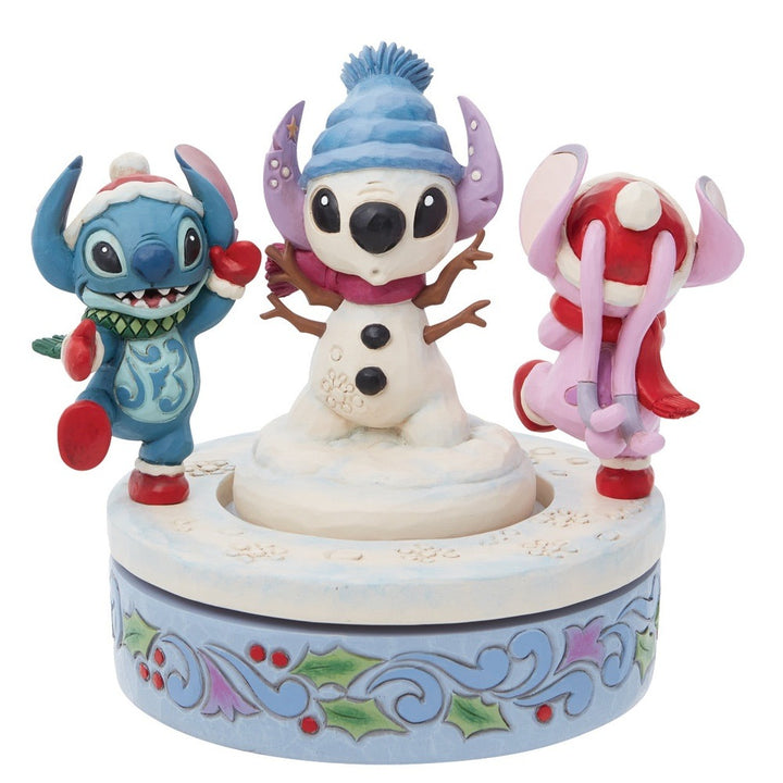 Jim Shore Disney Traditions: Stitch & Angel with Snowman Rotator Figurine sparkle-castle
