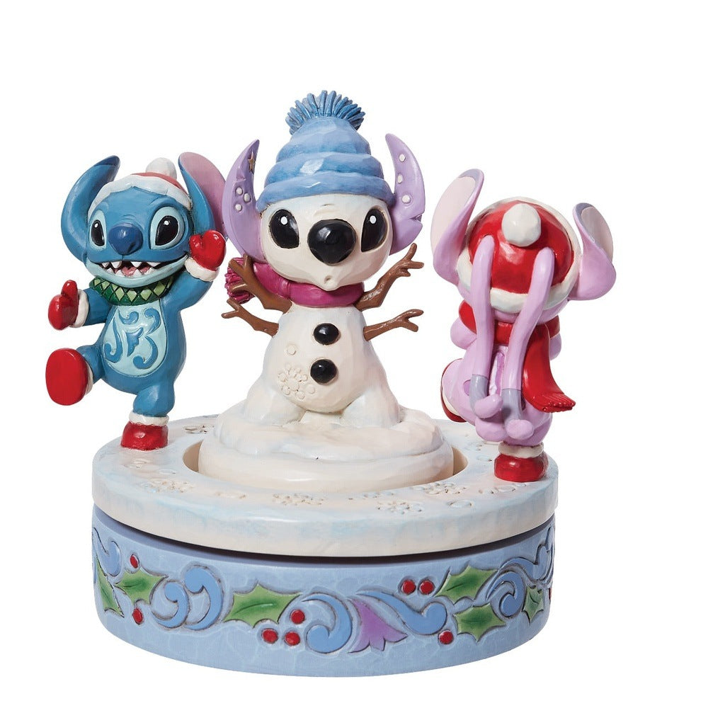 Jim Shore Disney Traditions: Stitch & Angel with Snowman Rotator Figurine sparkle-castle