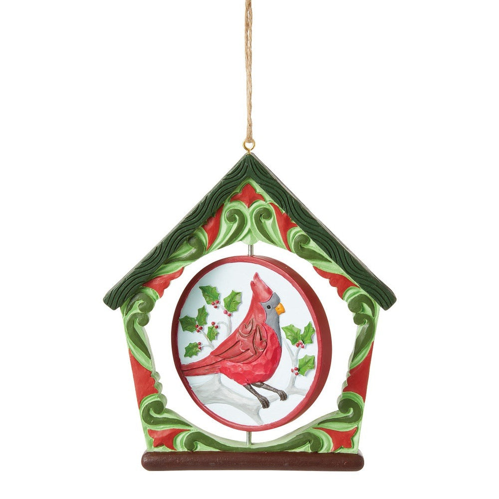 Jim Shore Heartwood Creek: Cardinal In Birdhouse Rotating Hanging Ornament sparkle-castle