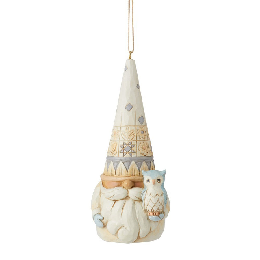 Jim Shore Heartwood Creek: White Woodland Gnome Holding Owl Hanging Ornament sparkle-castle