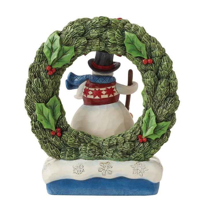 Jim Shore Heartwood Creek: Snowman by Light Up Wreath Figurine sparkle-castle