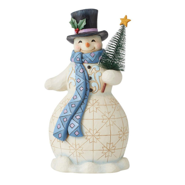 Jim Shore Heartwood Creek: Snowman Holding Bottle Brush Tree Figurine sparkle-castle