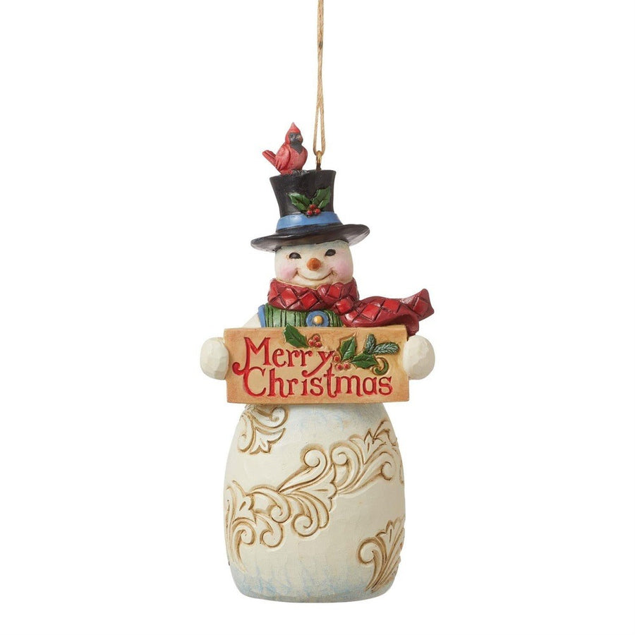 Jim Shore Heartwood Creek: Snowman with Christmas Sign Hanging Ornament sparkle-castle