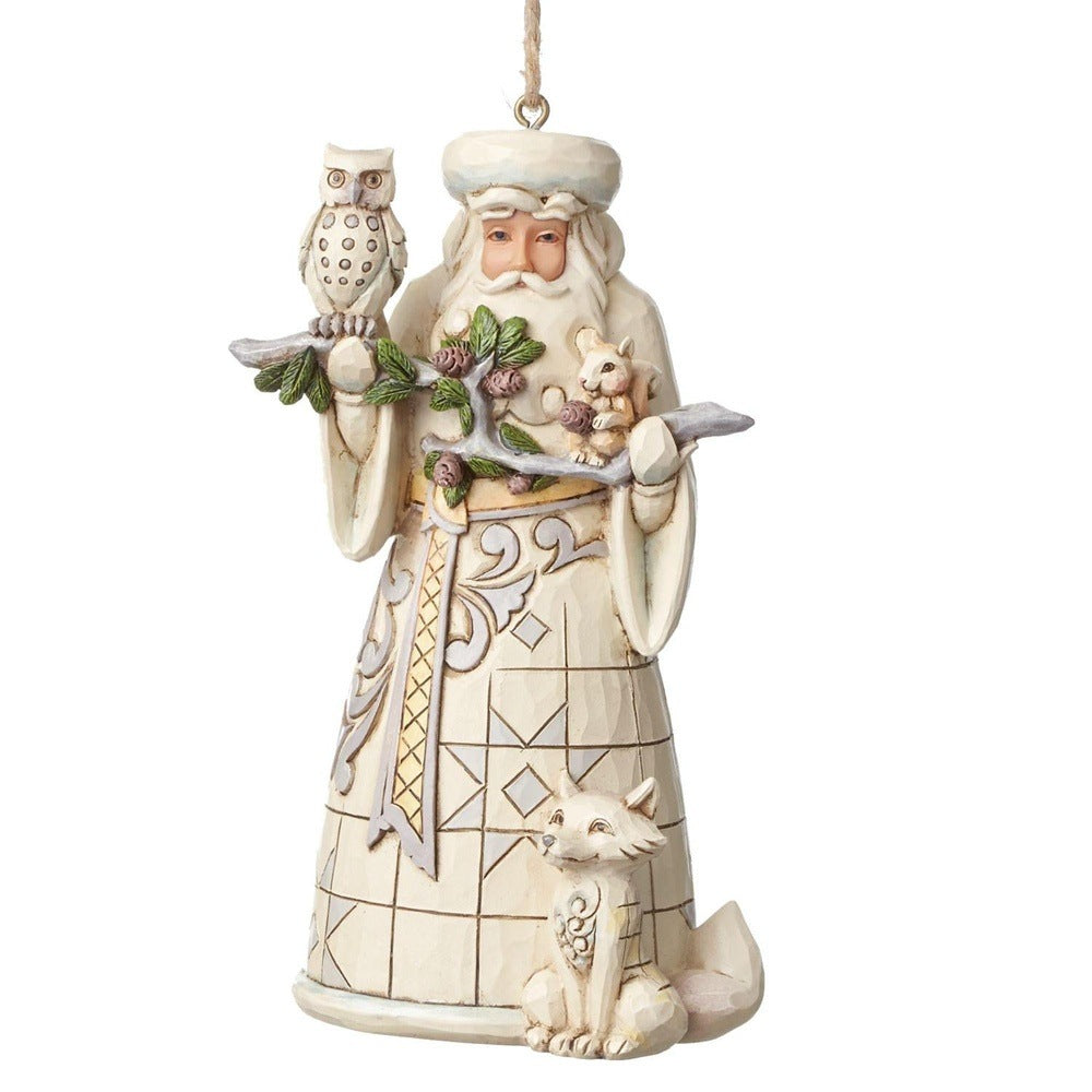 Jim Shore Heartwood Creek: White Woodland Santa Holding Branch Hanging Ornament sparkle-castle