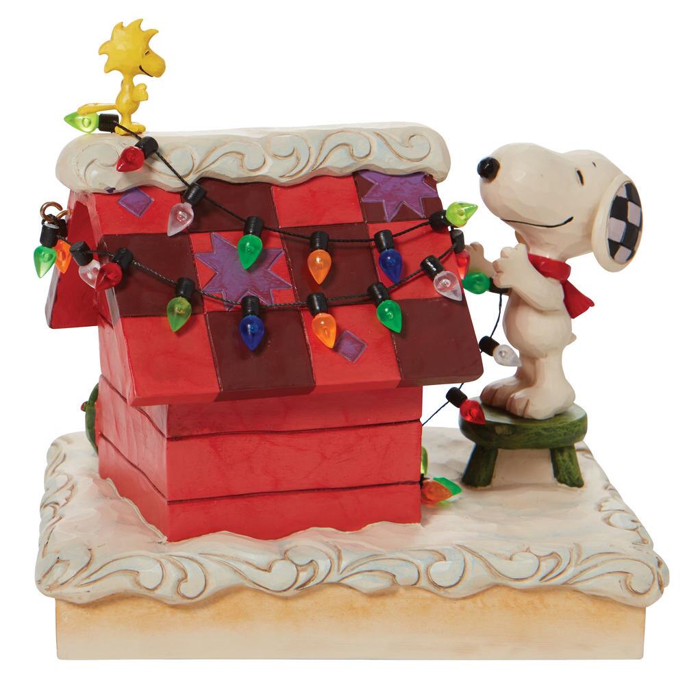 Jim Shore Peanuts: Snoopy Woodstock Decorating Dog House Figurine sparkle-castle