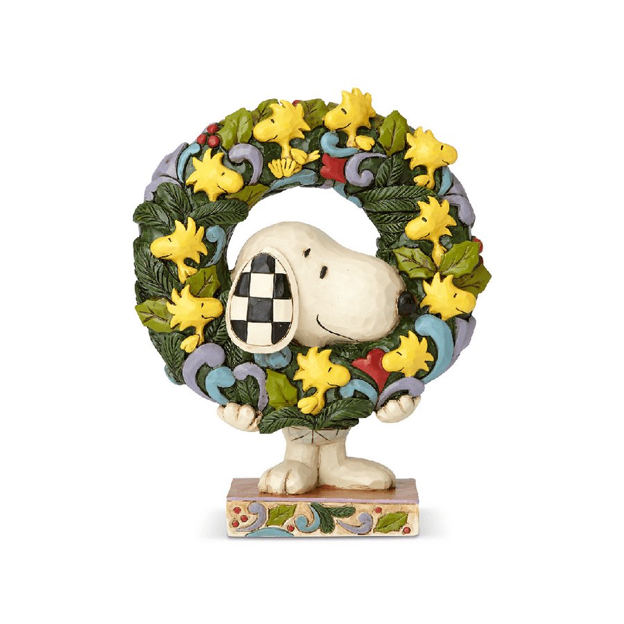 Jim Shore Peanuts: Snoopy with Woodstock Wreath Figurine sparkle-castle