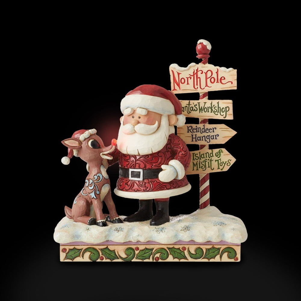 Jim Shore Rudolph Traditions: Rudolph and Santa Next to Sign Figurine ...