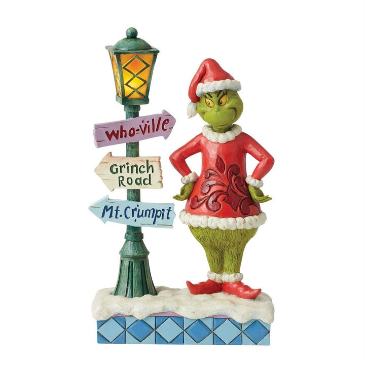 Jim Shore The Grinch: Grinch with Lit Lamppost and Street Sign Figurine sparkle-castle