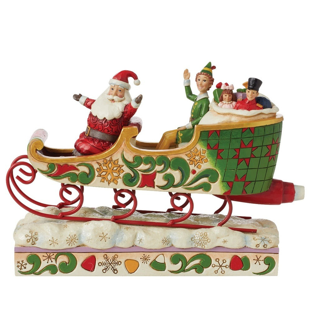Jim Shore Elf: Buddy Elf with Santa in Sleigh Figurine sparkle-castle